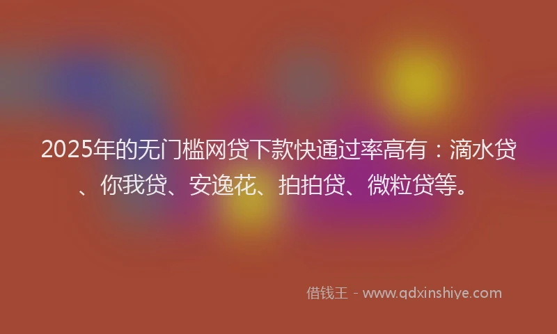 2025年的无门槛网贷下款快通过率高有：滴水贷、你我贷、安逸花、拍拍贷、微粒贷等。