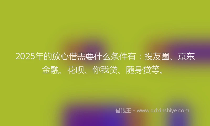 2025年的放心借需要什么条件有：投友圈、京东金融、花呗、你我贷、随身贷等。