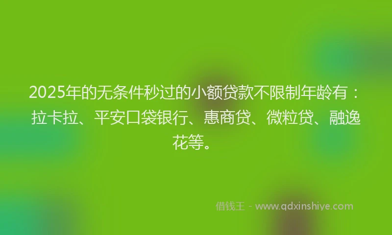 2025年的无条件秒过的小额贷款不限制年龄有：拉卡拉、平安口袋银行、惠商贷、微粒贷、融逸花等。