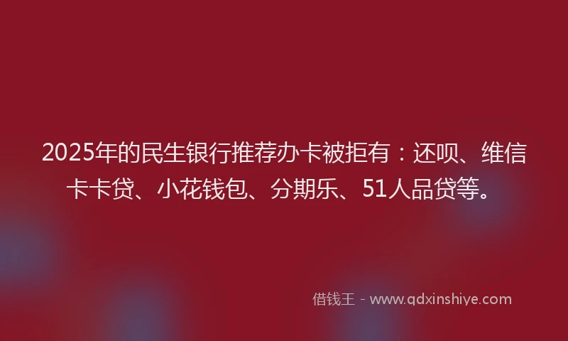 2025年的民生银行推荐办卡被拒有：还呗、维信卡卡贷、小花钱包、分期乐、51人品贷等。