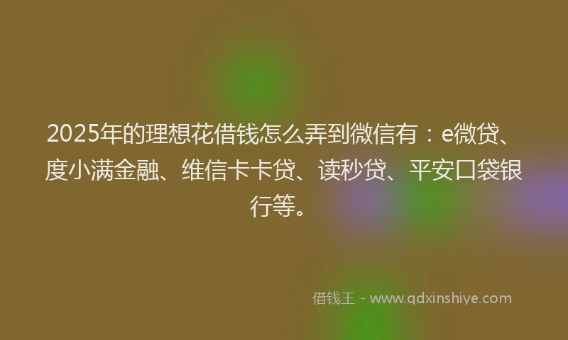 2025年的理想花借钱怎么弄到微信有：e微贷、度小满金融、维信卡卡贷、读秒贷、平安口袋银行等。
