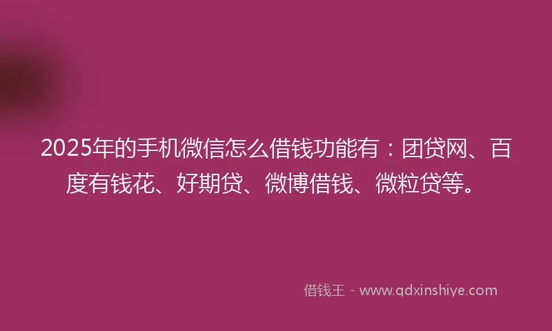 2025年的手机微信怎么借钱功能有：团贷网、百度有钱花、好期贷、微博借钱、微粒贷等。