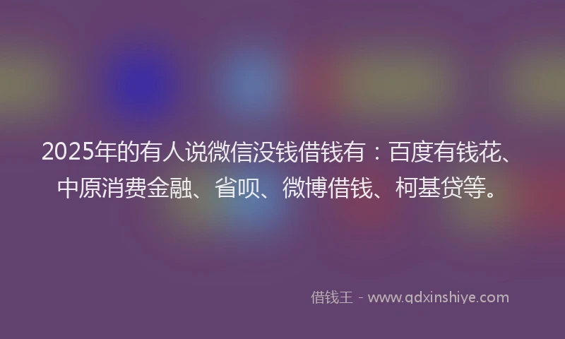2025年的有人说微信没钱借钱有：百度有钱花、中原消费金融、省呗、微博借钱、柯基贷等。