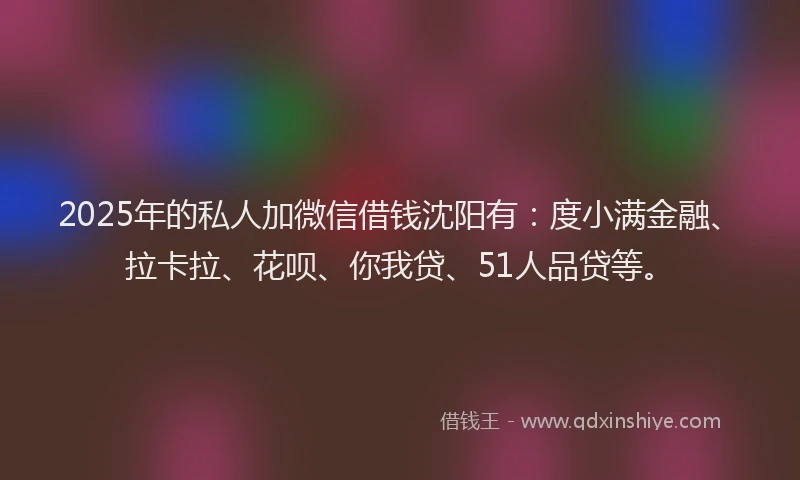 2025年的私人加微信借钱沈阳有：度小满金融、拉卡拉、花呗、你我贷、51人品贷等。