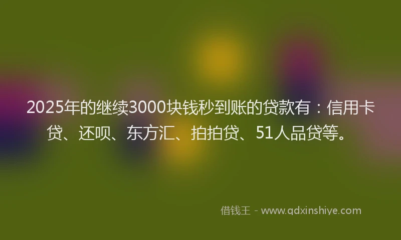 2025年的继续3000块钱秒到账的贷款有：信用卡贷、还呗、东方汇、拍拍贷、51人品贷等。