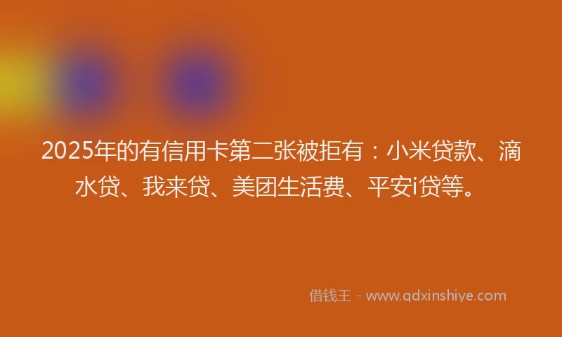 2025年的有信用卡第二张被拒有：小米贷款、滴水贷、我来贷、美团生活费、平安i贷等。