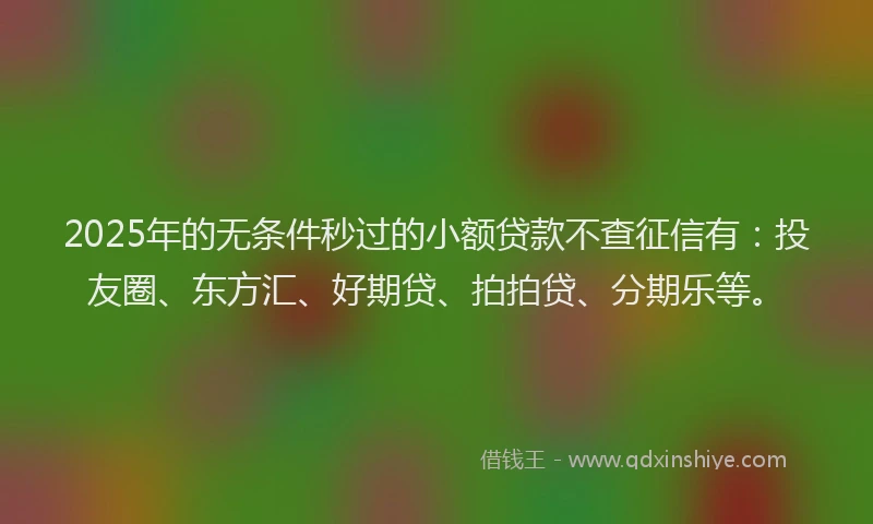2025年的无条件秒过的小额贷款不查征信有：投友圈、东方汇、好期贷、拍拍贷、分期乐等。