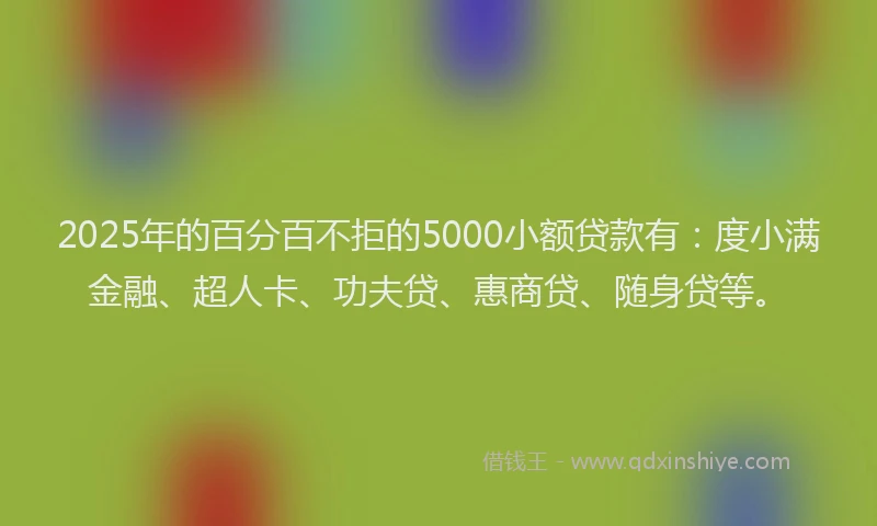 2025年的百分百不拒的5000小额贷款有：度小满金融、超人卡、功夫贷、惠商贷、随身贷等。