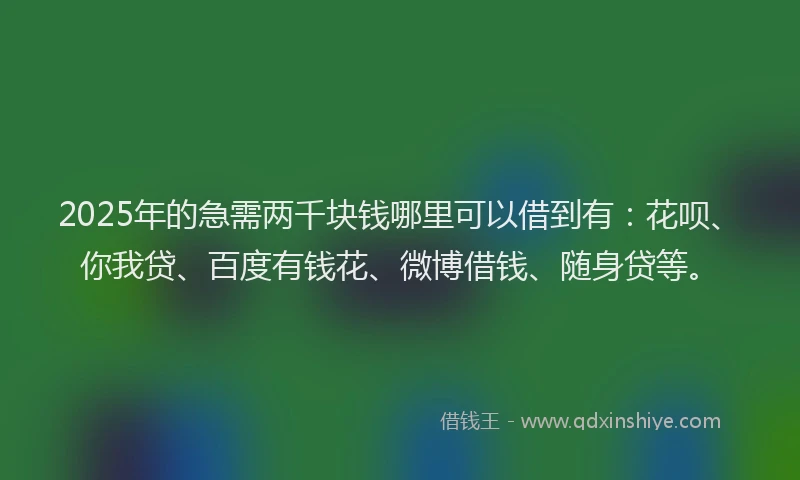 2025年的急需两千块钱哪里可以借到有：花呗、你我贷、百度有钱花、微博借钱、随身贷等。