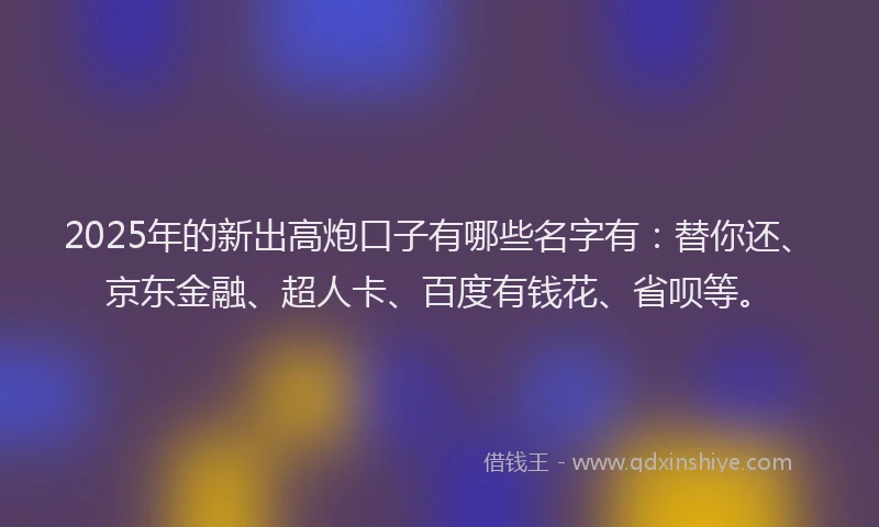 2025年的新出高炮口子有哪些名字有：替你还、京东金融、超人卡、百度有钱花、省呗等。