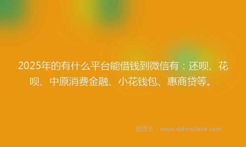 2025年的有什么平台能借钱到微信有：还呗、花呗、中原消费金融、小花钱包、惠商贷等。