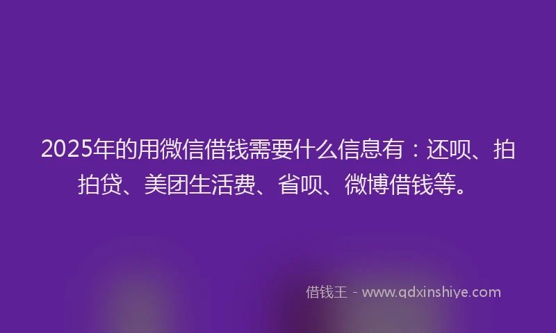2025年的用微信借钱需要什么信息有：还呗、拍拍贷、美团生活费、省呗、微博借钱等。