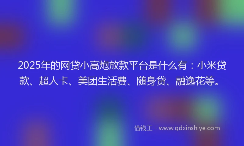 2025年的网贷小高炮放款平台是什么有：小米贷款、超人卡、美团生活费、随身贷、融逸花等。