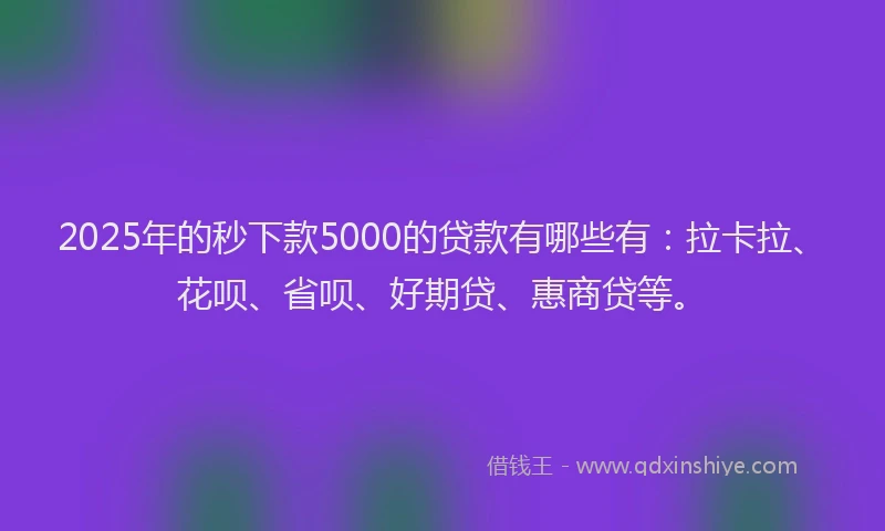 2025年的秒下款5000的贷款有哪些有：拉卡拉、花呗、省呗、好期贷、惠商贷等。