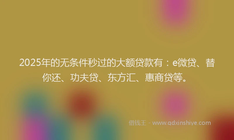 2025年的无条件秒过的大额贷款有：e微贷、替你还、功夫贷、东方汇、惠商贷等。