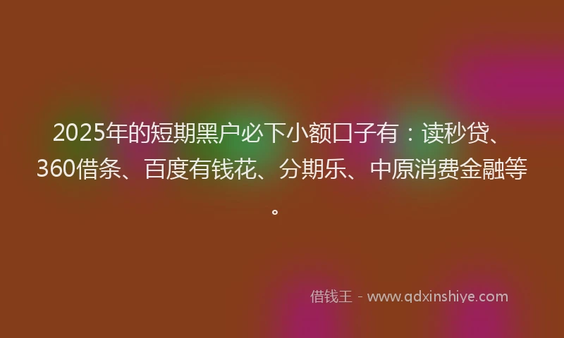 2025年的短期黑户必下小额口子有：读秒贷、360借条、百度有钱花、分期乐、中原消费金融等。