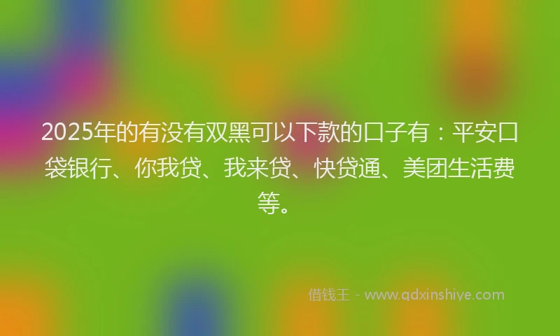 2025年的有没有双黑可以下款的口子有：平安口袋银行、你我贷、我来贷、快贷通、美团生活费等。