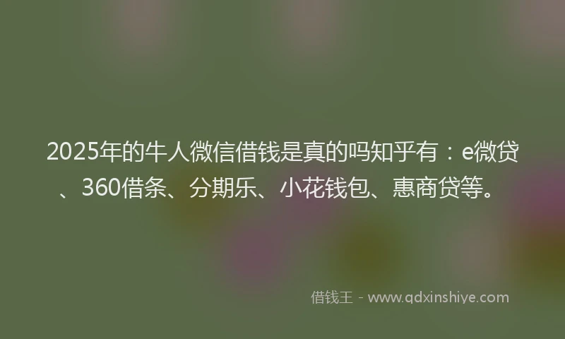 2025年的牛人微信借钱是真的吗知乎有：e微贷、360借条、分期乐、小花钱包、惠商贷等。