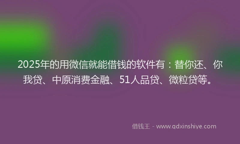 2025年的用微信就能借钱的软件有：替你还、你我贷、中原消费金融、51人品贷、微粒贷等。