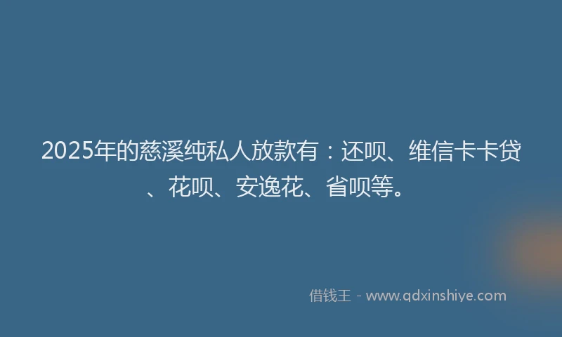2025年的慈溪纯私人放款有：还呗、维信卡卡贷、花呗、安逸花、省呗等。