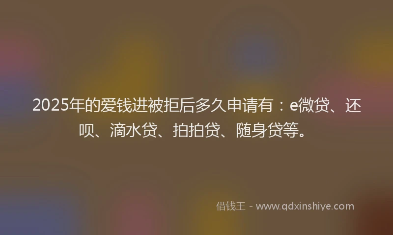 2025年的爱钱进被拒后多久申请有：e微贷、还呗、滴水贷、拍拍贷、随身贷等。
