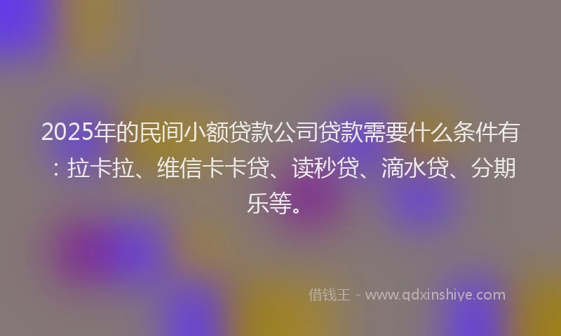 2025年的民间小额贷款公司贷款需要什么条件有：拉卡拉、维信卡卡贷、读秒贷、滴水贷、分期乐等。