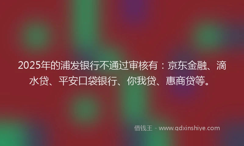 2025年的浦发银行不通过审核有：京东金融、滴水贷、平安口袋银行、你我贷、惠商贷等。