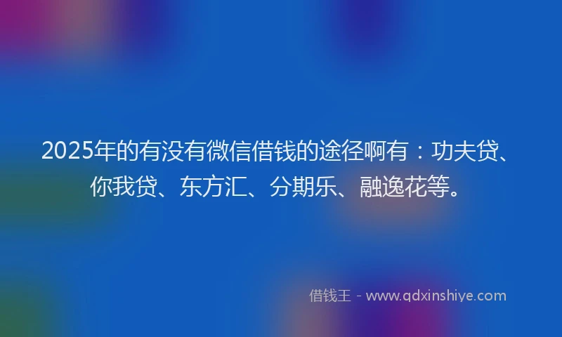 2025年的有没有微信借钱的途径啊有：功夫贷、你我贷、东方汇、分期乐、融逸花等。
