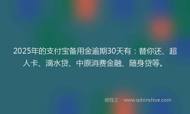 2025年的支付宝备用金逾期30天有：替你还、超人卡、滴水贷、中原消费金融、随身贷等。