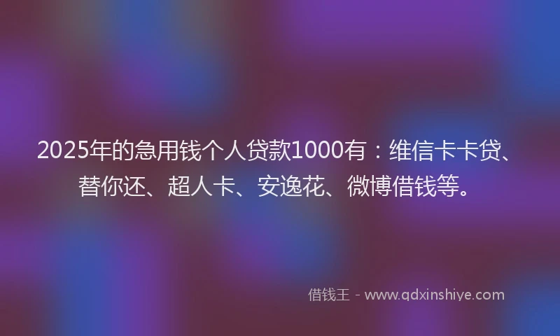 2025年的急用钱个人贷款1000有：维信卡卡贷、替你还、超人卡、安逸花、微博借钱等。