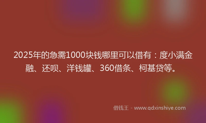 2025年的急需1000块钱哪里可以借有：度小满金融、还呗、洋钱罐、360借条、柯基贷等。