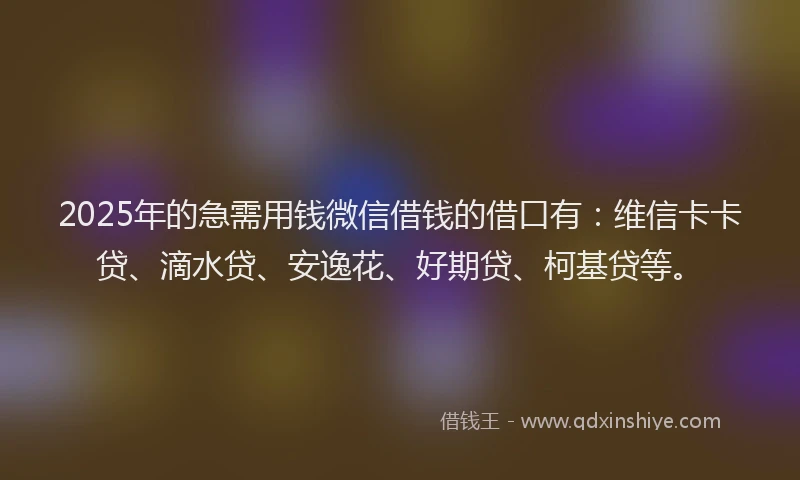 2025年的急需用钱微信借钱的借口有：维信卡卡贷、滴水贷、安逸花、好期贷、柯基贷等。