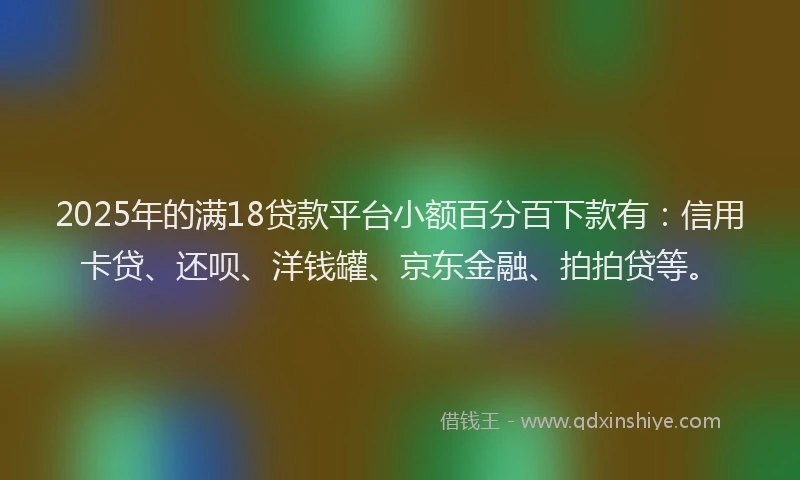 2025年的满18贷款平台小额百分百下款有：信用卡贷、还呗、洋钱罐、京东金融、拍拍贷等。