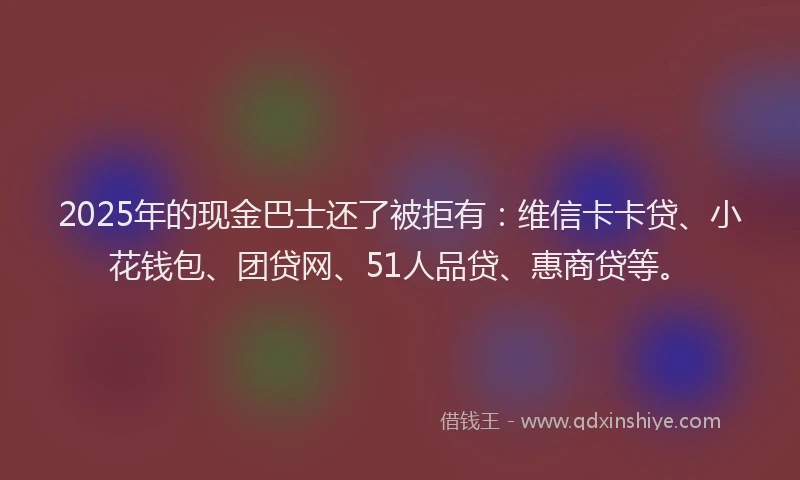 2025年的现金巴士还了被拒有：维信卡卡贷、小花钱包、团贷网、51人品贷、惠商贷等。