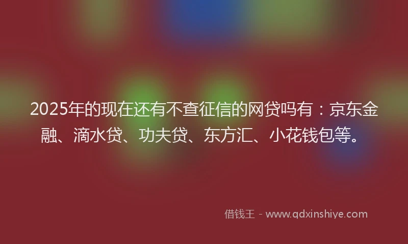 2025年的现在还有不查征信的网贷吗有：京东金融、滴水贷、功夫贷、东方汇、小花钱包等。