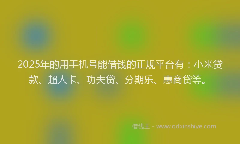 2025年的用手机号能借钱的正规平台有：小米贷款、超人卡、功夫贷、分期乐、惠商贷等。