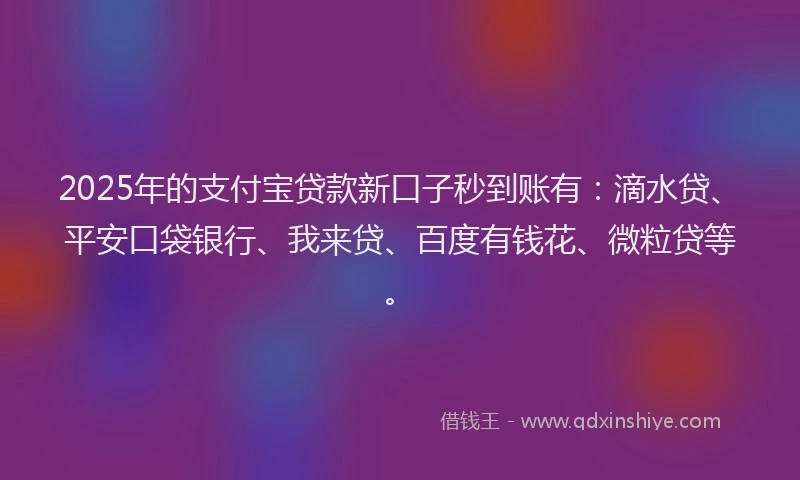 2025年的支付宝贷款新口子秒到账有：滴水贷、平安口袋银行、我来贷、百度有钱花、微粒贷等。