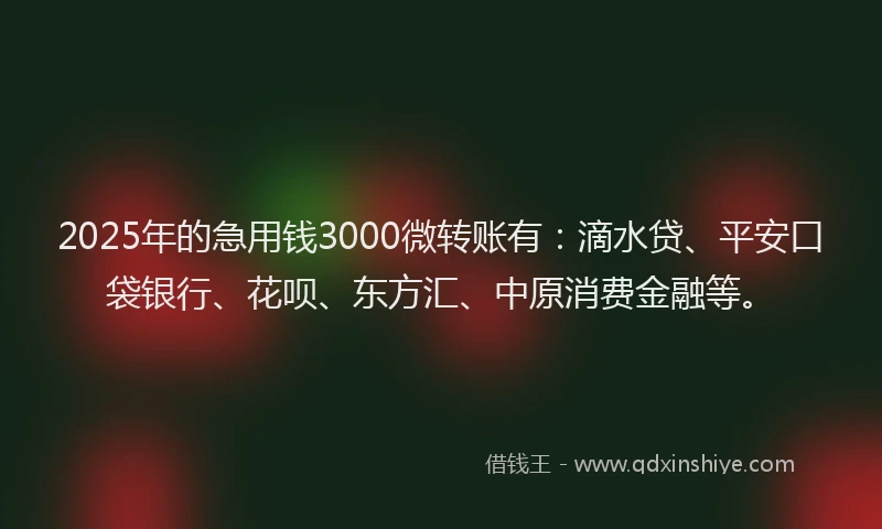 2025年的急用钱3000微转账有：滴水贷、平安口袋银行、花呗、东方汇、中原消费金融等。