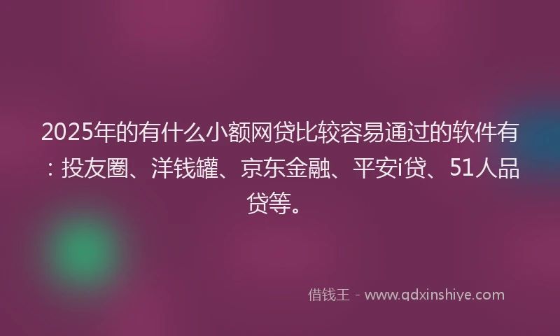 2025年的有什么小额网贷比较容易通过的软件有：投友圈、洋钱罐、京东金融、平安i贷、51人品贷等。
