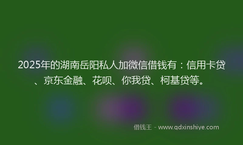 2025年的湖南岳阳私人加微信借钱有：信用卡贷、京东金融、花呗、你我贷、柯基贷等。