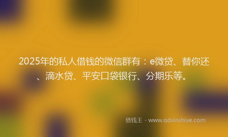 2025年的私人借钱的微信群有：e微贷、替你还、滴水贷、平安口袋银行、分期乐等。