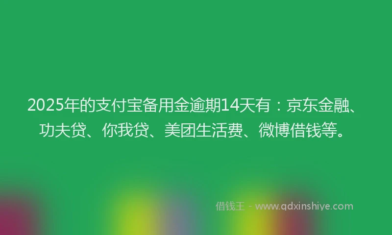 2025年的支付宝备用金逾期14天有：京东金融、功夫贷、你我贷、美团生活费、微博借钱等。