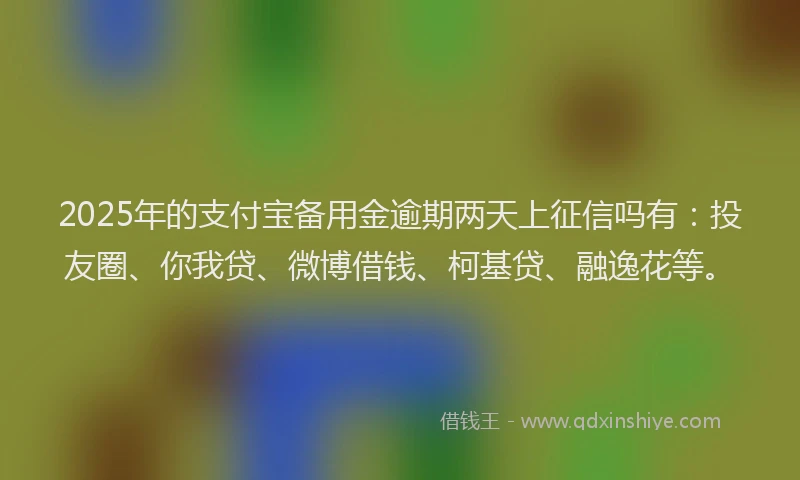 2025年的支付宝备用金逾期两天上征信吗有：投友圈、你我贷、微博借钱、柯基贷、融逸花等。
