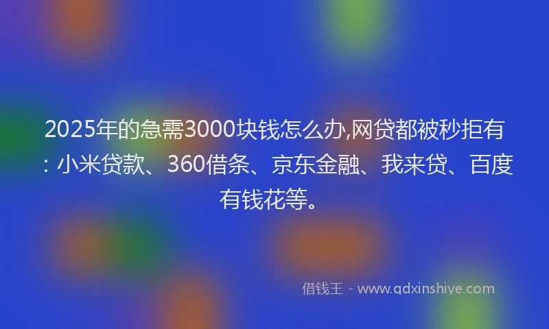 2025年的急需3000块钱怎么办,网贷都被秒拒有：小米贷款、360借条、京东金融、我来贷、百度有钱花等。