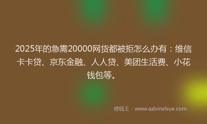 2025年的急需20000网货都被拒怎么办有：维信卡卡贷、京东金融、人人贷、美团生活费、小花钱包等。