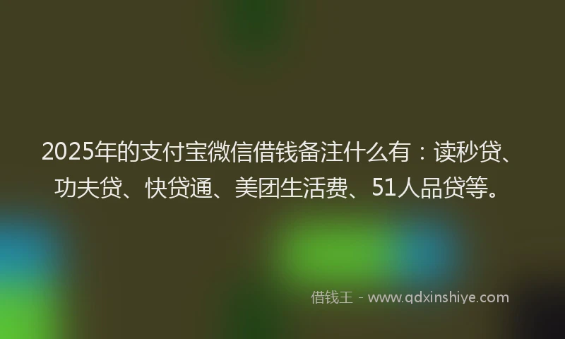 2025年的支付宝微信借钱备注什么有：读秒贷、功夫贷、快贷通、美团生活费、51人品贷等。