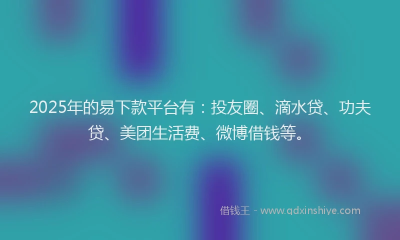 2025年的易下款平台有：投友圈、滴水贷、功夫贷、美团生活费、微博借钱等。