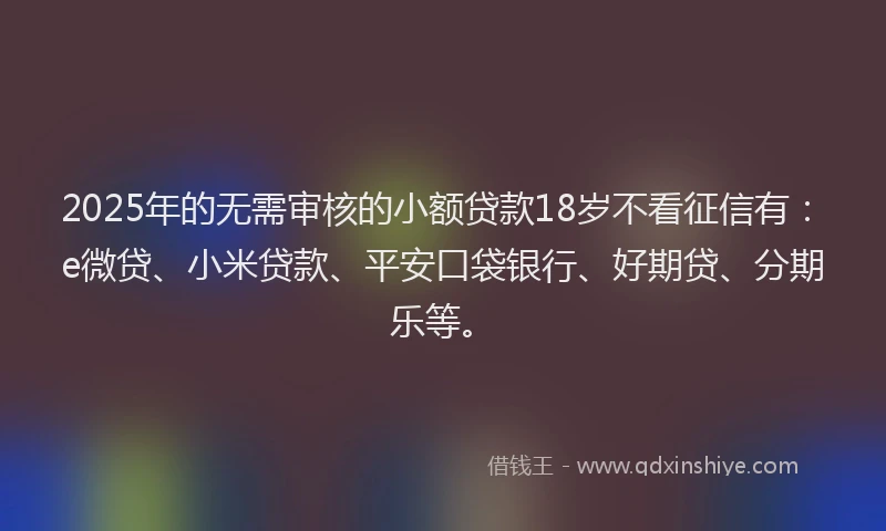 2025年的无需审核的小额贷款18岁不看征信有：e微贷、小米贷款、平安口袋银行、好期贷、分期乐等。
