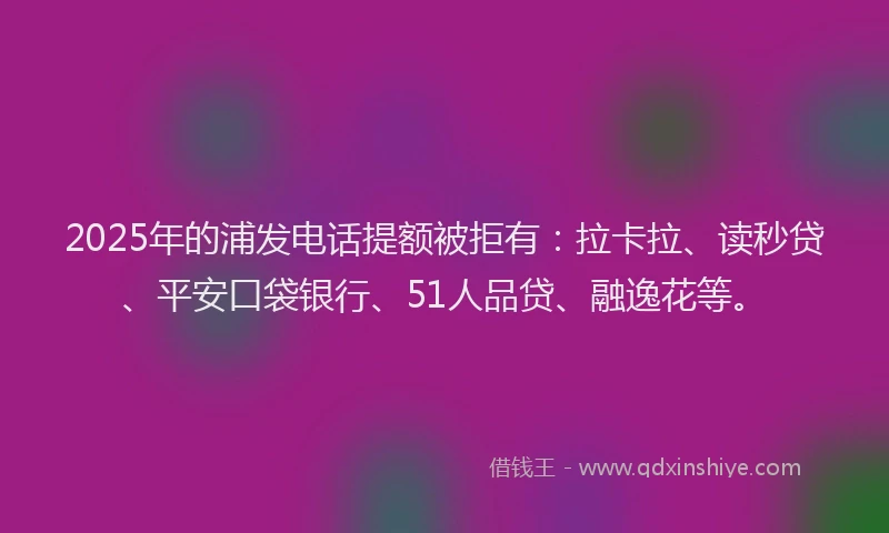 2025年的浦发电话提额被拒有：拉卡拉、读秒贷、平安口袋银行、51人品贷、融逸花等。