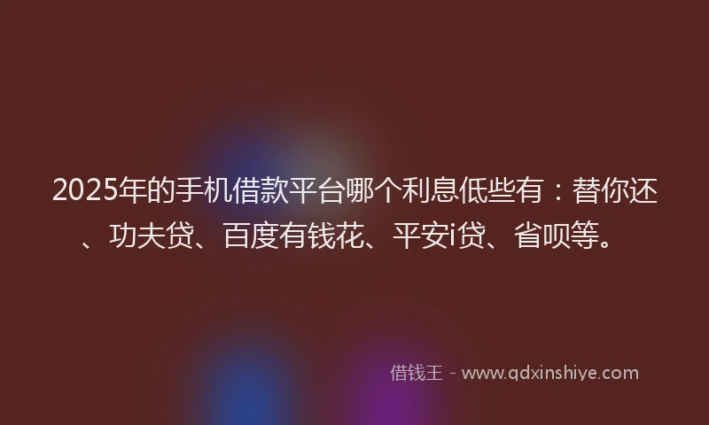 2025年的手机借款平台哪个利息低些有：替你还、功夫贷、百度有钱花、平安i贷、省呗等。